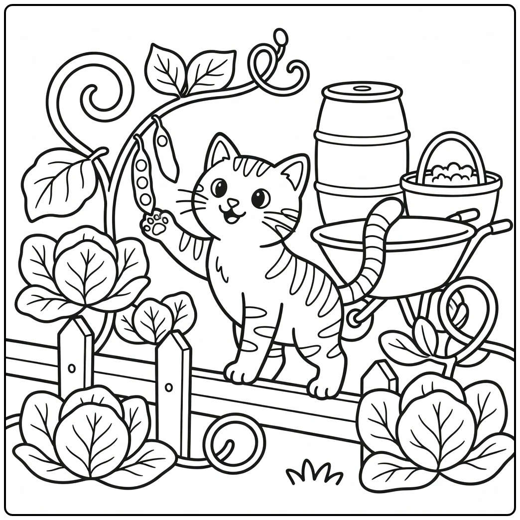 Tabby cat coloring pages: cat on fence reaching pea pod