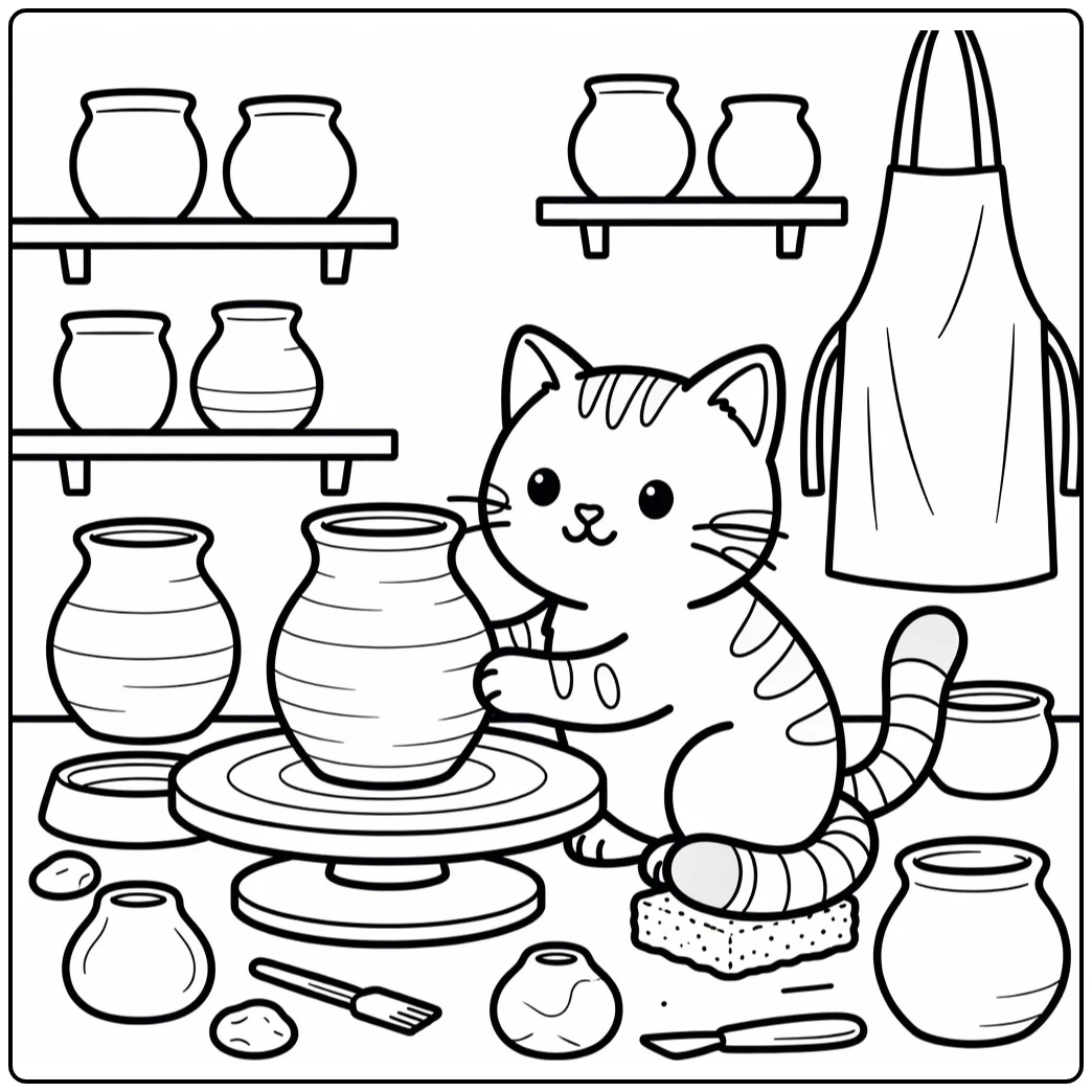 Tabby cat coloring pages: kitty paws clay vase on wheel
