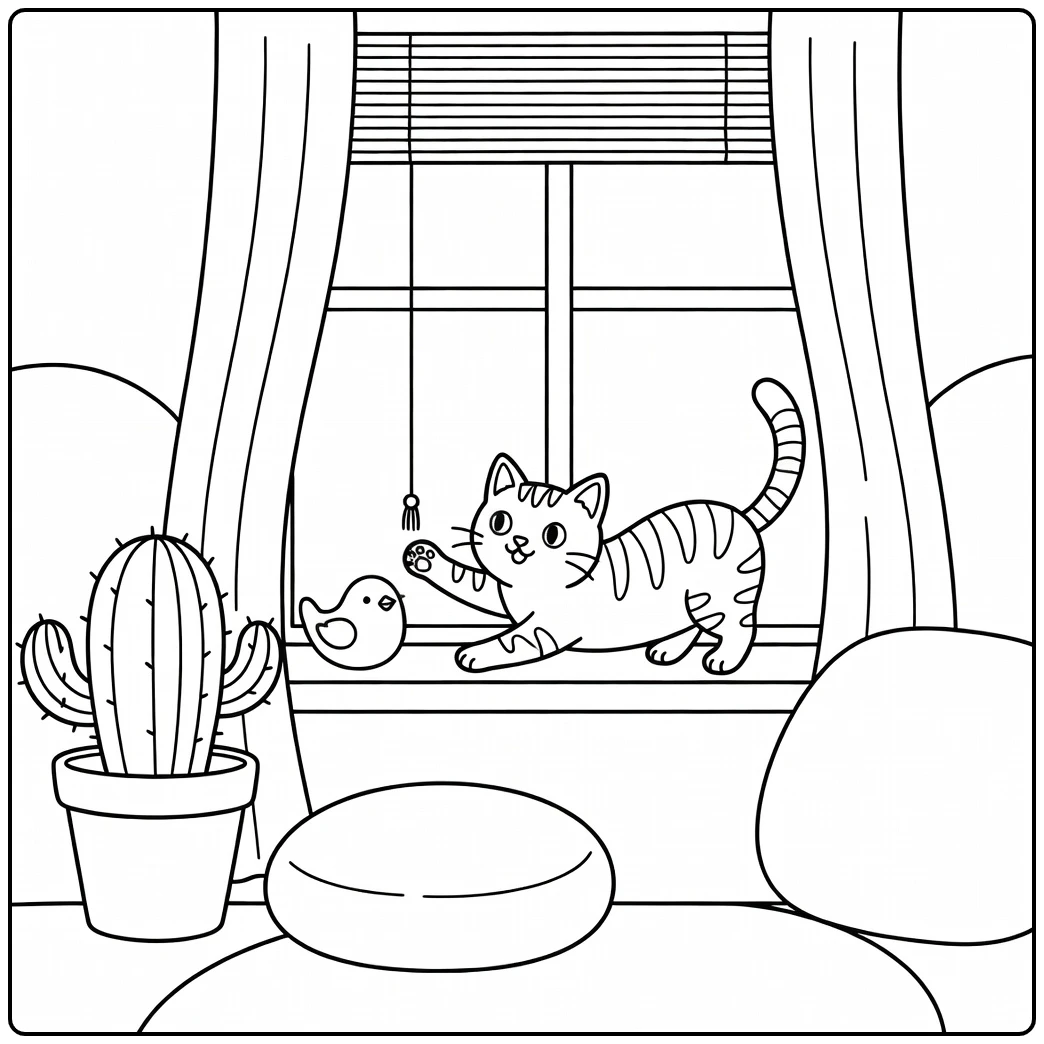 Tabby cat coloring pages: stretching for shade cord on sill