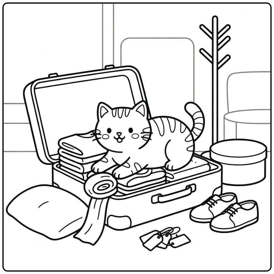 Tabby cat coloring pages: kitty in suitcase paw at scarf