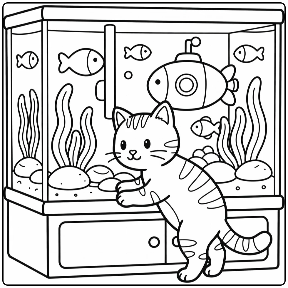 Tabby cat coloring pages: cat tiptoeing by aquarium eyeing submarine