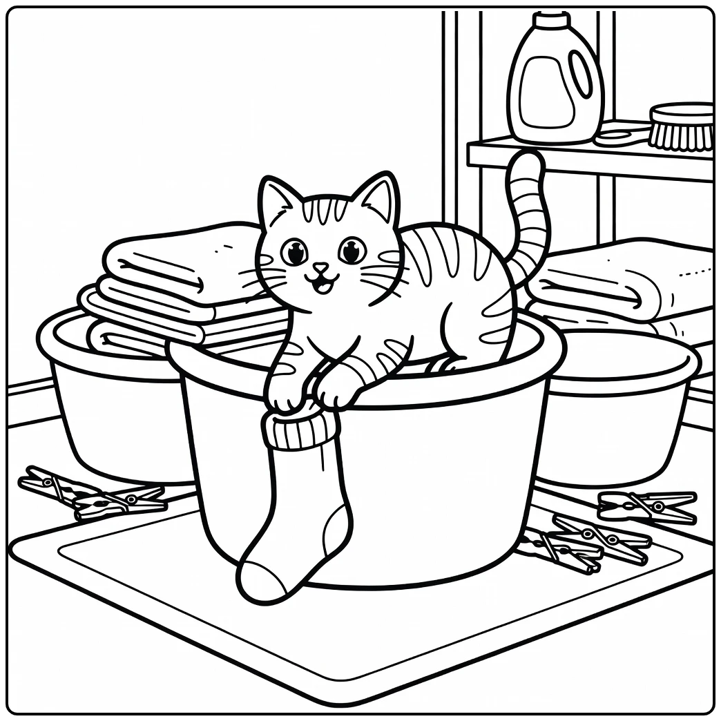 Tabby cat coloring pages: peeking from hamper, paw on sock