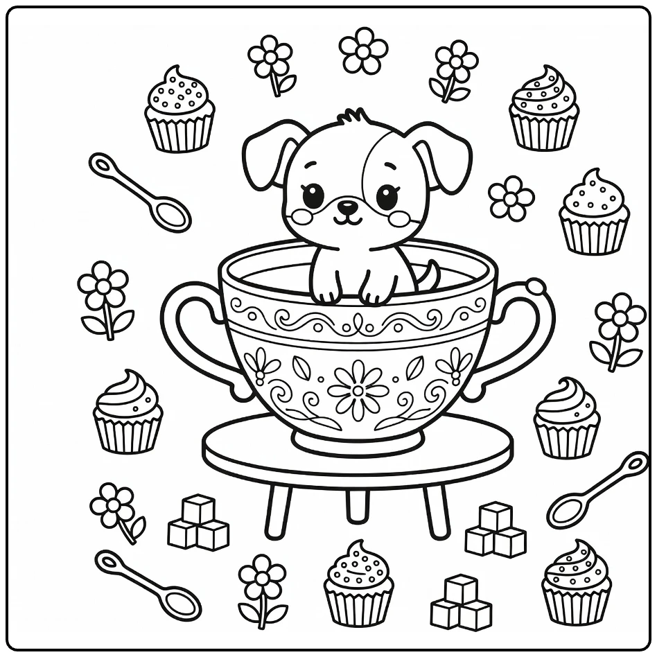 Teacup Puppy Coloring Page: tiny pup in teacup with treats