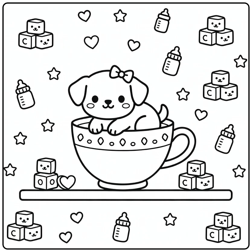 Teacup Puppy Coloring Page: tiny pup in cup with bow, toys