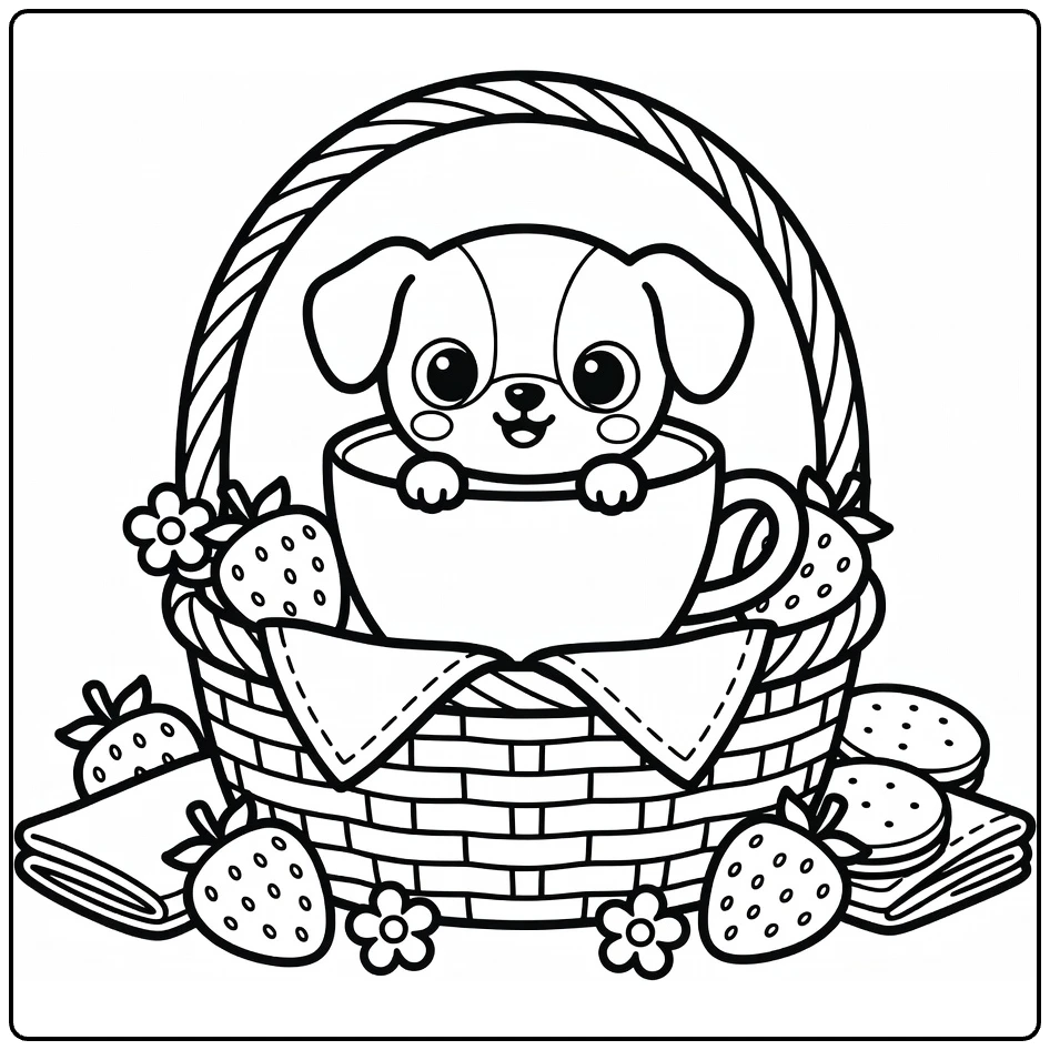 Teacup Puppy Coloring Page: tiny pup peeking from teacup in picnic basket