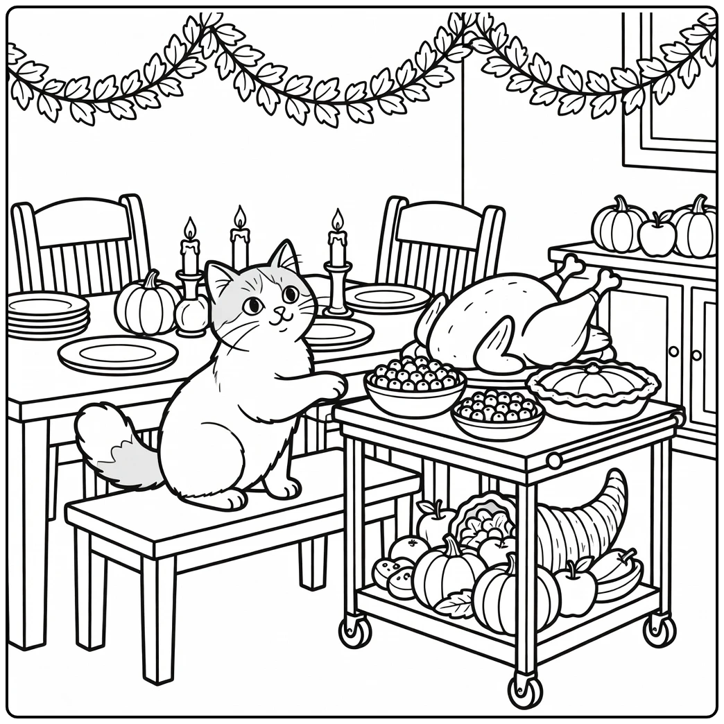 Thanksgiving cat coloring pages: Turkish Van cat by turkey cart