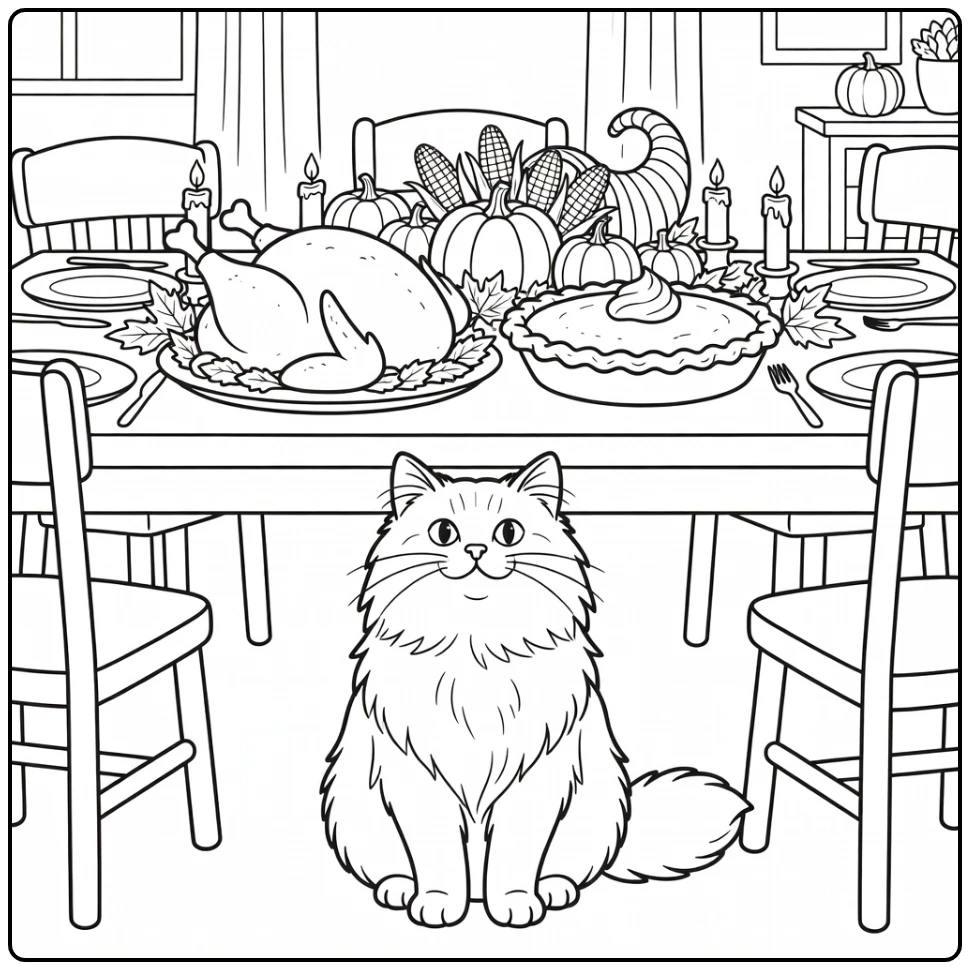 Thanksgiving cat coloring pages: fluffy cat under feast table eyeing turkey pie
