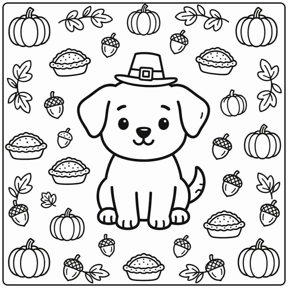 Thanksgiving Puppy Coloring Page: Cute Pup in Pilgrim Hat