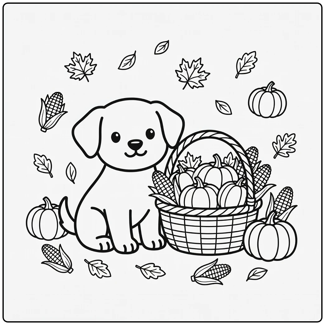 Thanksgiving Puppy Coloring Page: Puppy by harvest basket