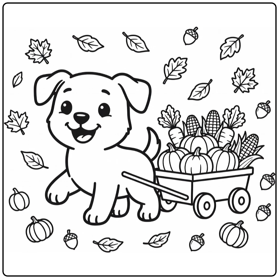 Thanksgiving Puppy Coloring Page: Happy pup pulls veggie wagon, leaves