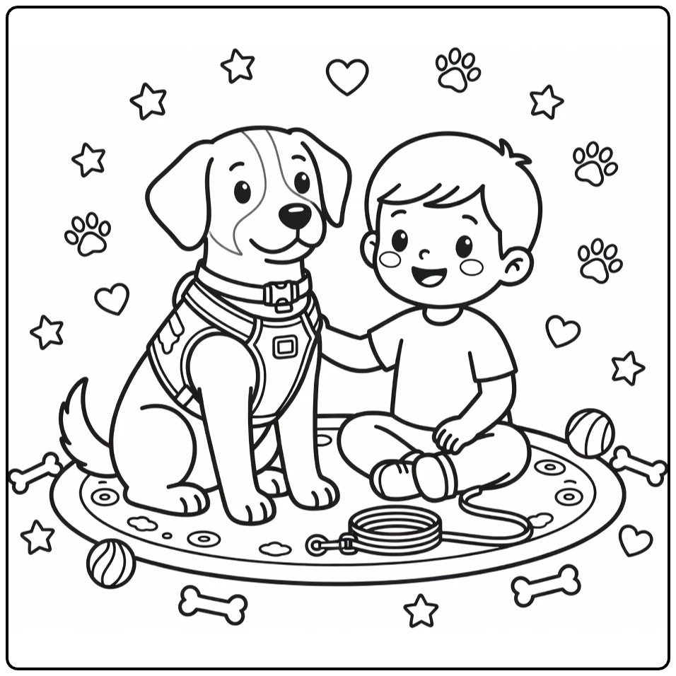 Therapy Dog coloring page: pup in vest with smiling child, toys