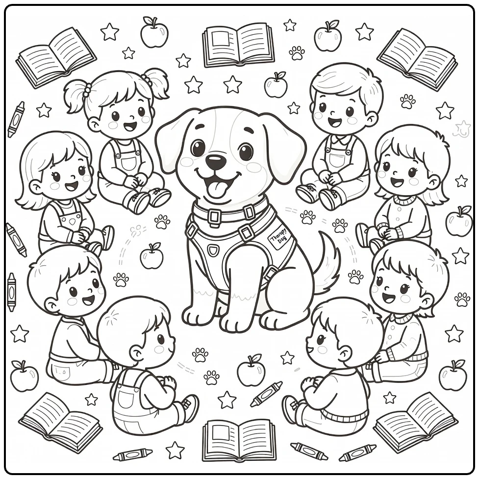 Therapy Dog coloring page: cheerful pup in vest with kids