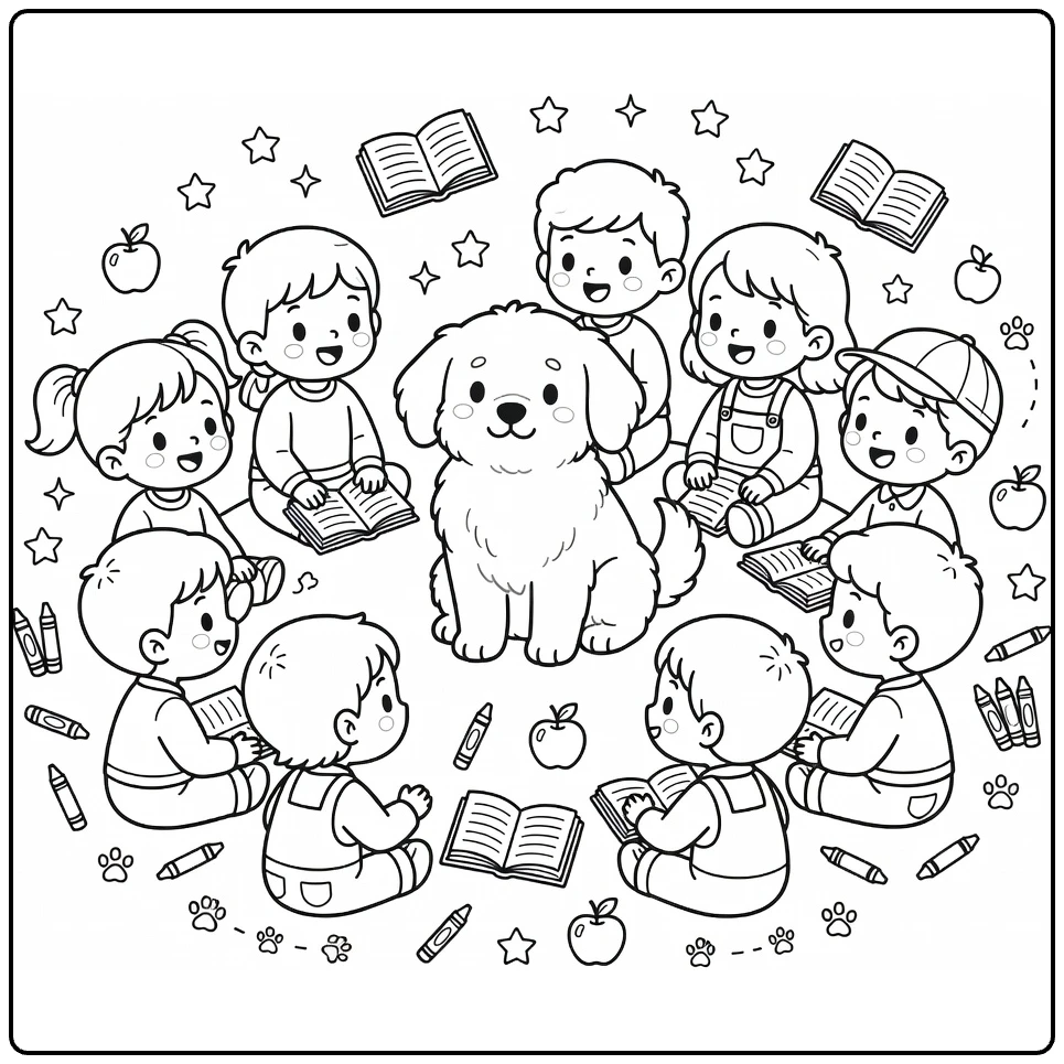 Therapy Dog coloring page: fluffy pup with kids in class circle