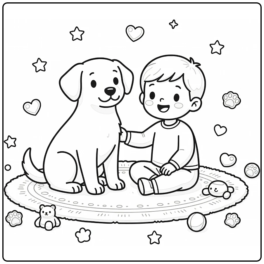 Therapy Dog coloring page: gentle pup with smiling child, toys