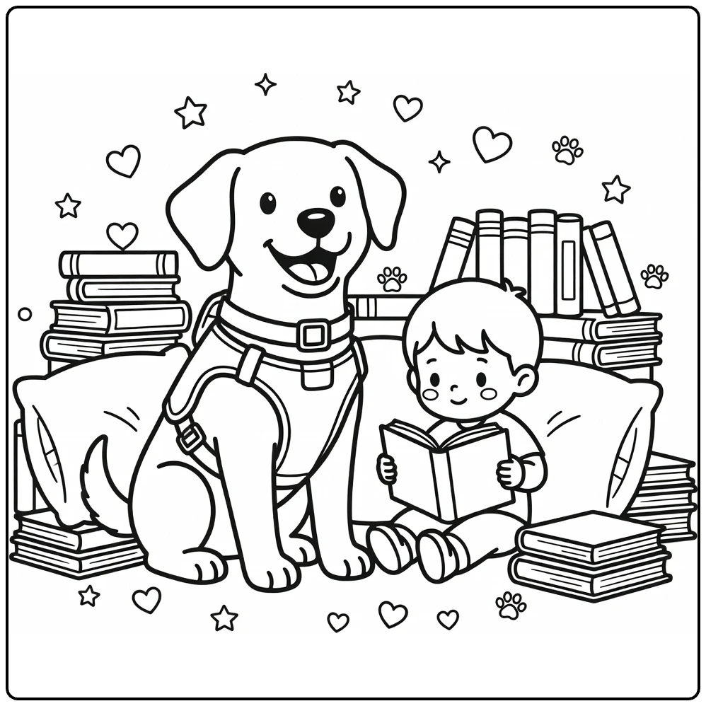 Therapy Dog coloring page: smiling pup in vest with child reading