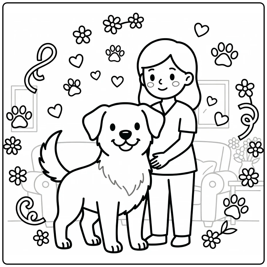 Therapy Dog coloring page: proud pup with handler, hearts