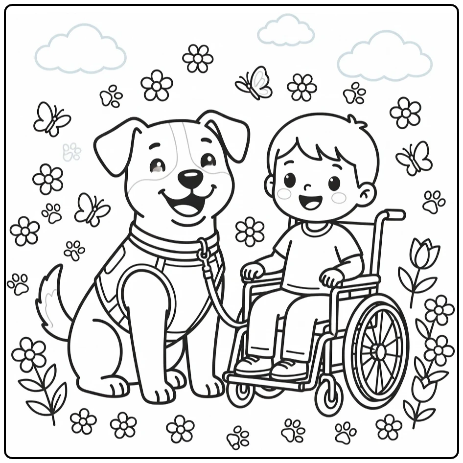 Therapy Dog coloring page: happy pup in vest with smiling child in wheelchair, flowers