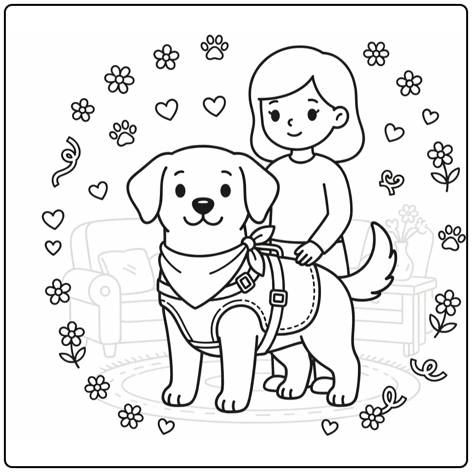 Therapy Dog coloring page: pup in vest with handler, hearts