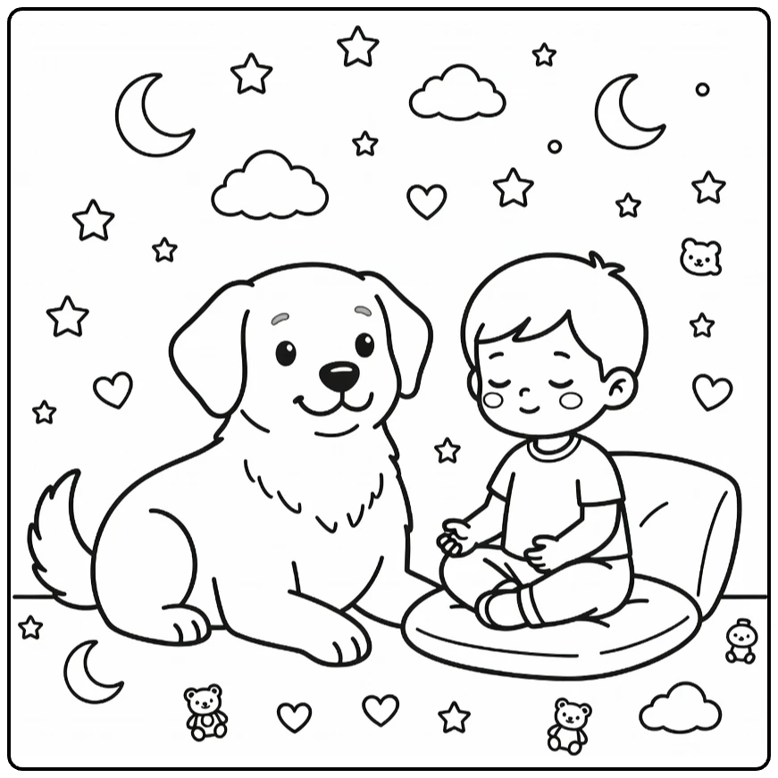 Therapy Dog coloring page: calm pup with child breathing on cushion