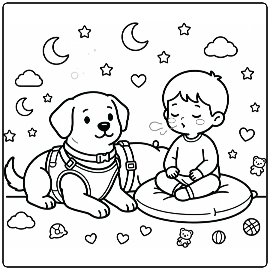 Therapy Dog coloring page with calm pup and child breathing
