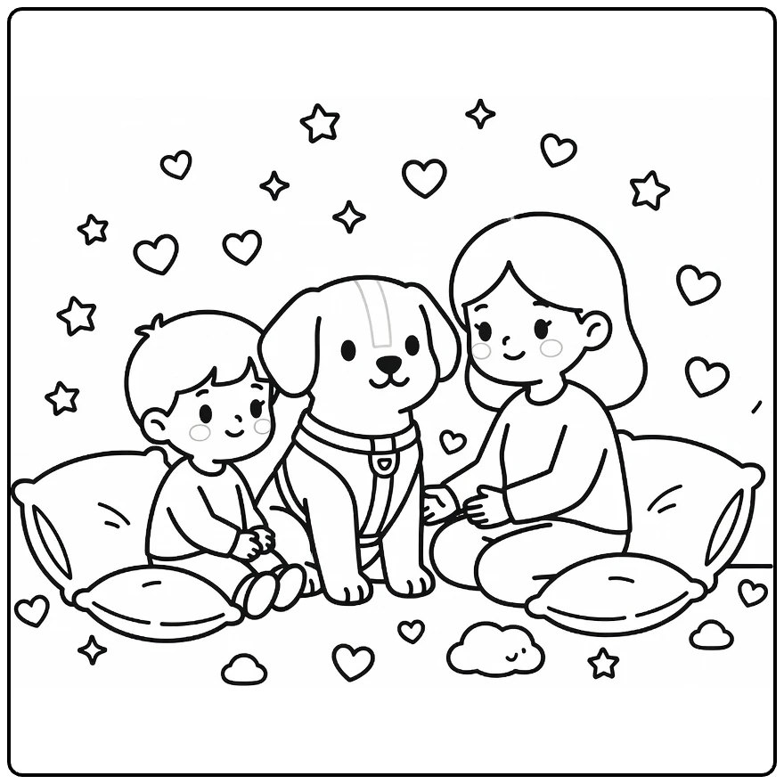 Therapy Dog coloring page: pup in vest with child, adult, hearts