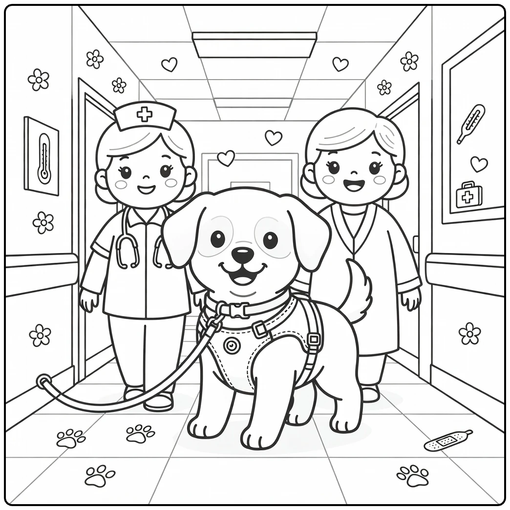Therapy Dog coloring page: pup with nurse in hospital