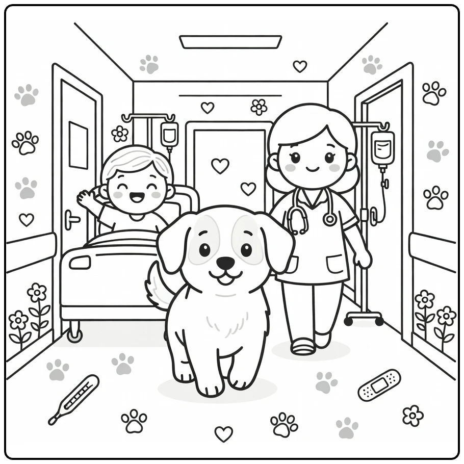 Therapy Dog coloring page: friendly pup with nurse, patient in hall
