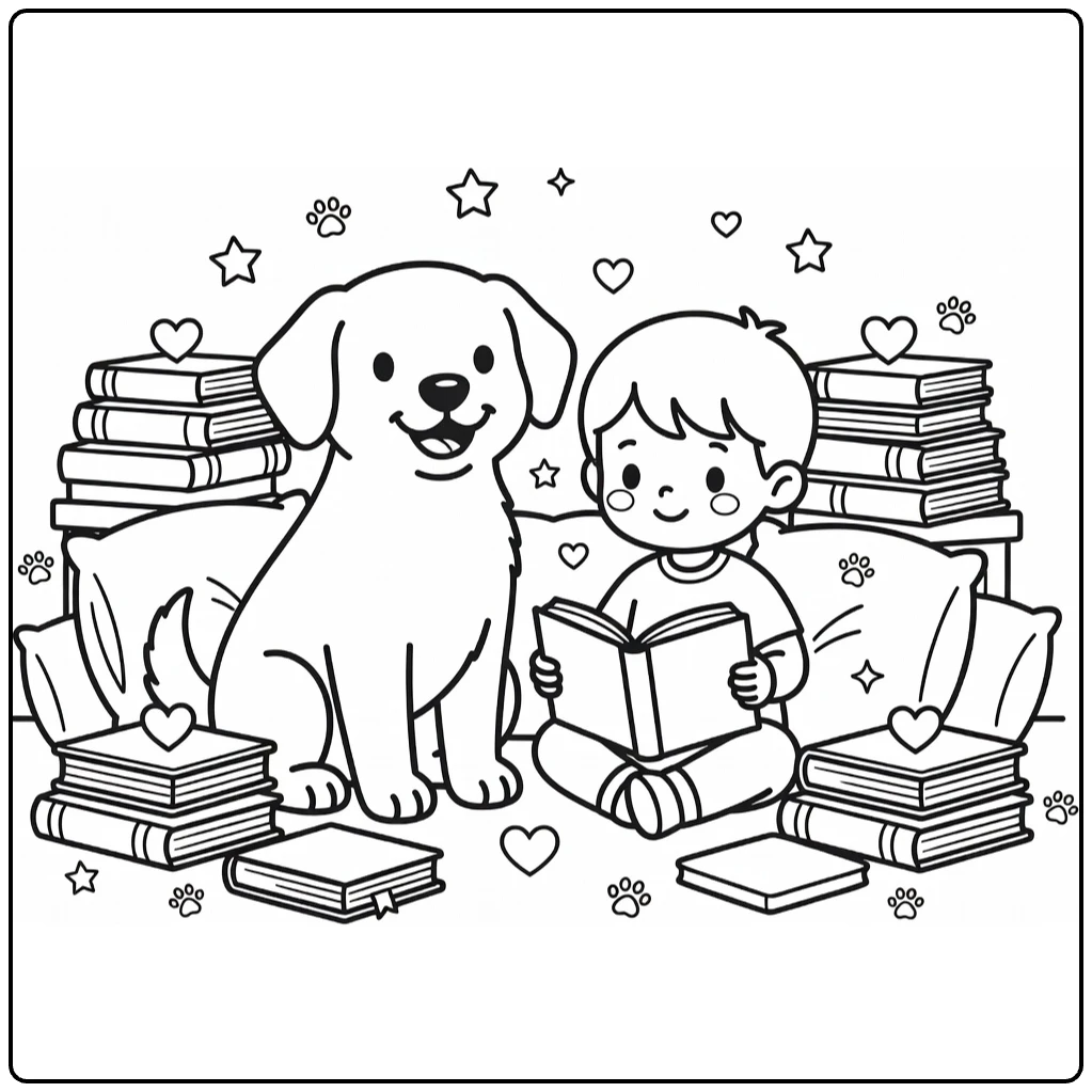 Therapy Dog coloring page: smiling pup beside child reading in library