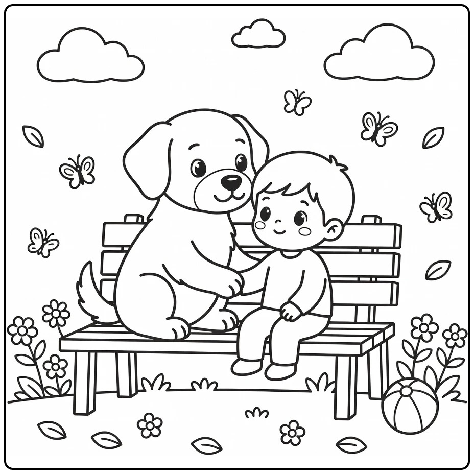 Therapy Dog coloring page: pup comforts child on park bench