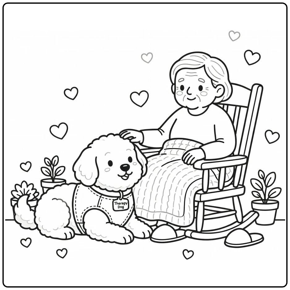 Therapy Dog coloring page: fluffy pup petted by elder