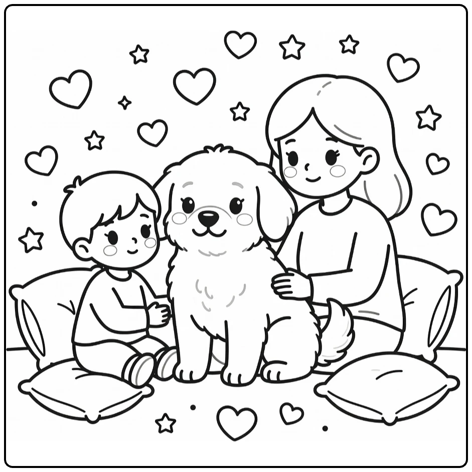 Therapy Dog coloring page: pup comforts child, adult in session