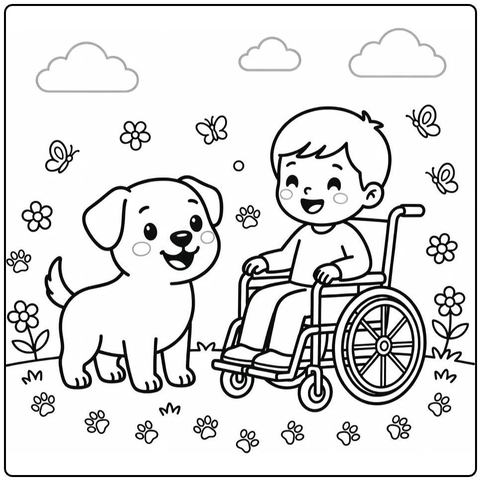 Therapy Dog coloring page: happy pup visits smiling child in wheelchair