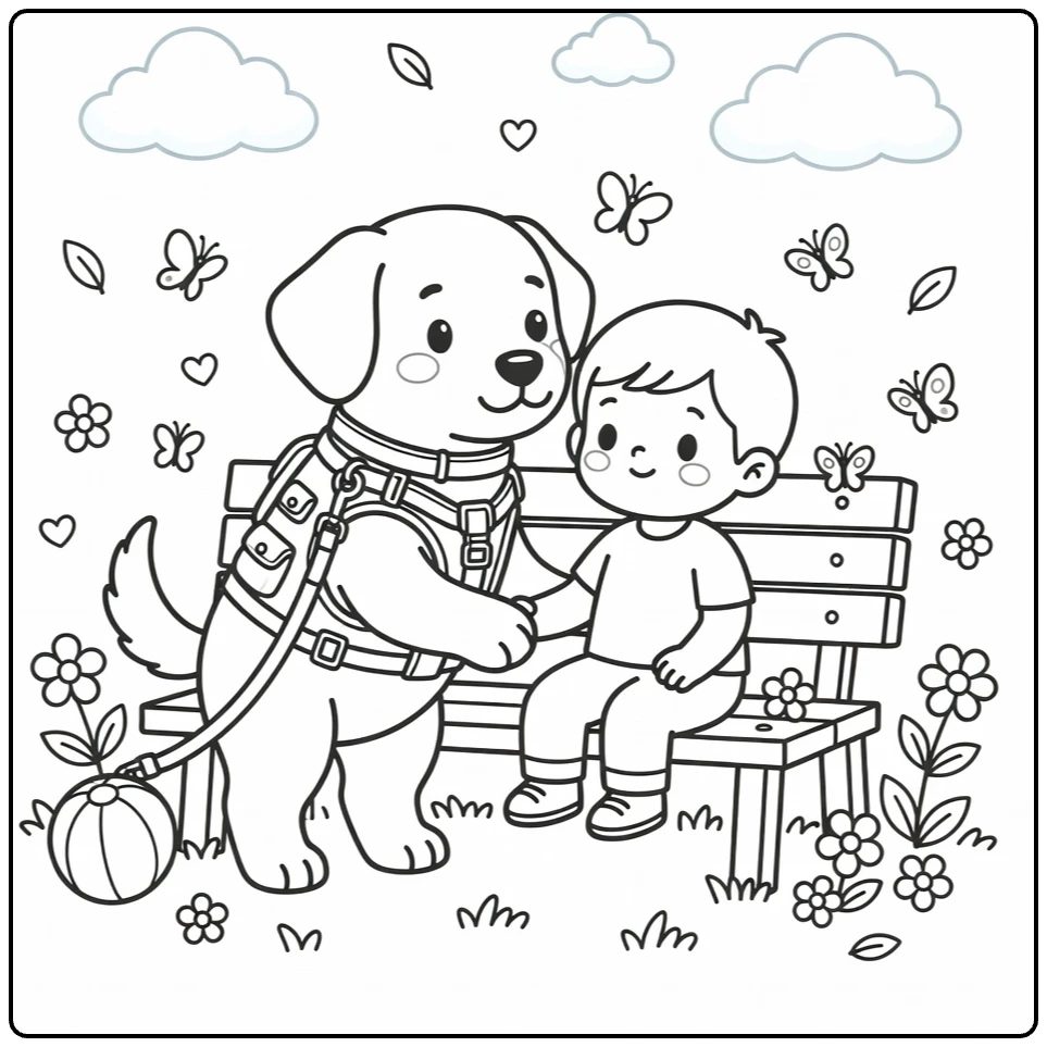 Therapy Dog coloring page: pup in vest comforts child on bench