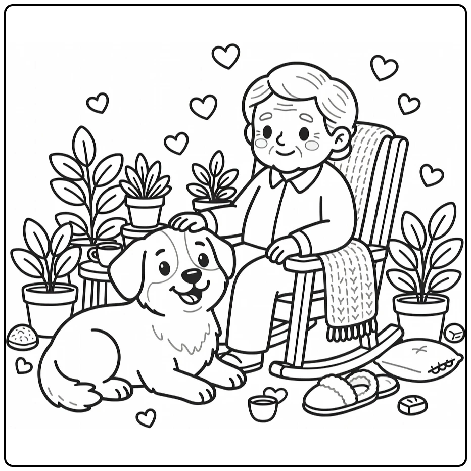Therapy Dog coloring page: Elderly pets cheerful pup amid plants