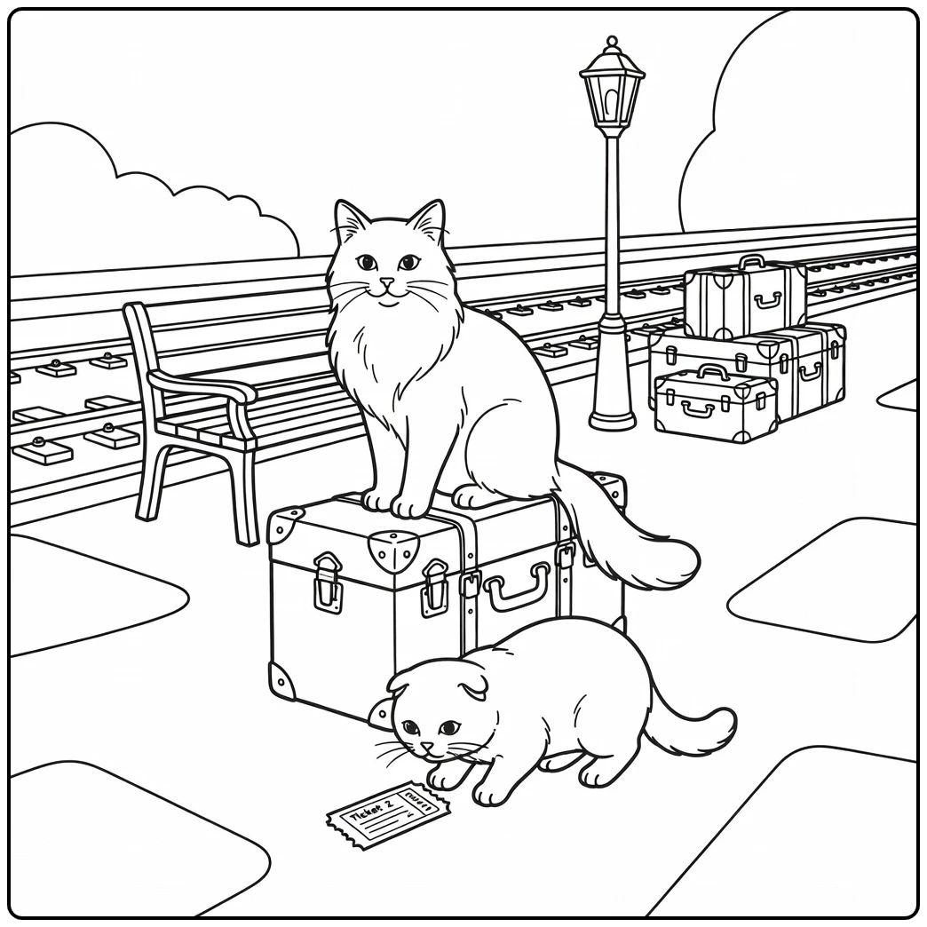 Two cats coloring pages: Angora on trunk, Fold at train platform
