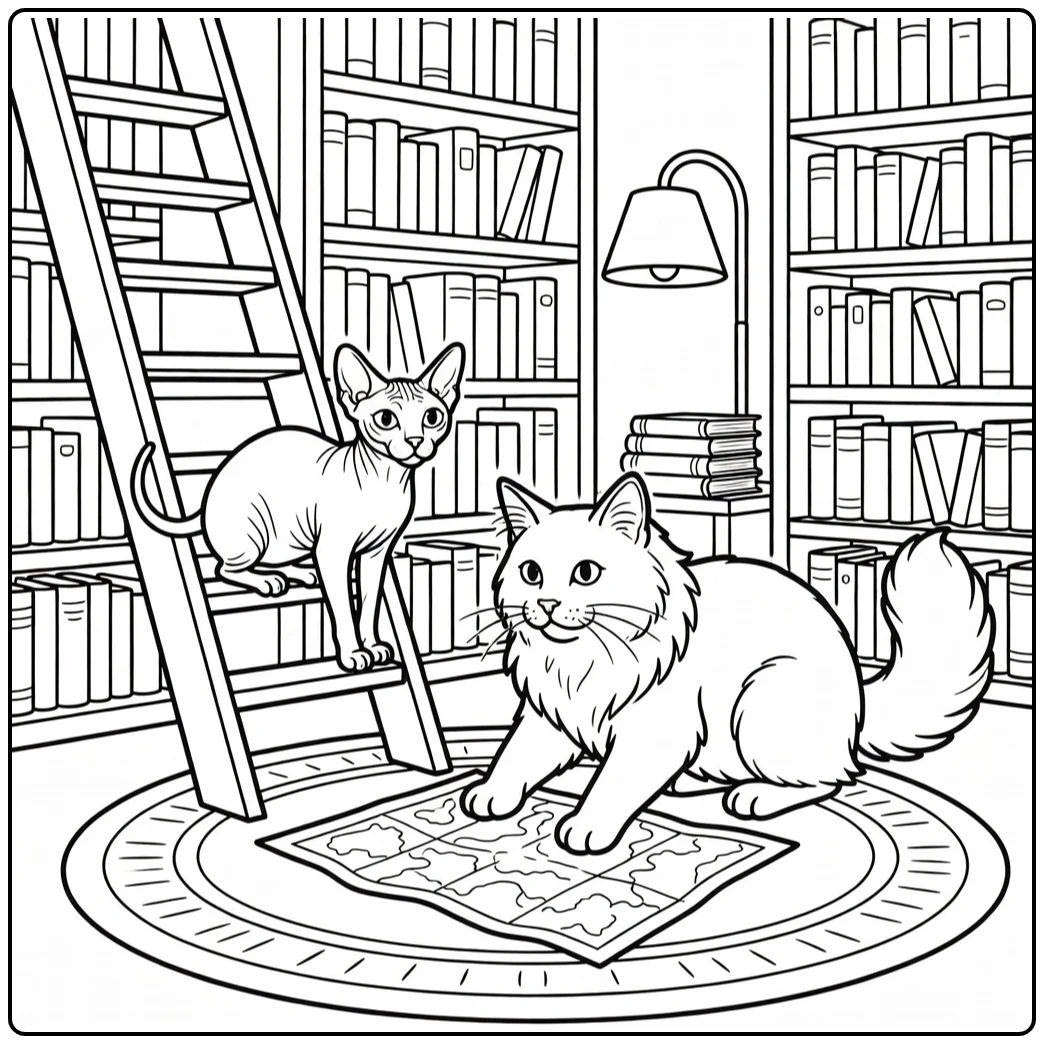 Two cats coloring pages: Sphynx on ladder, Maine Coon at map