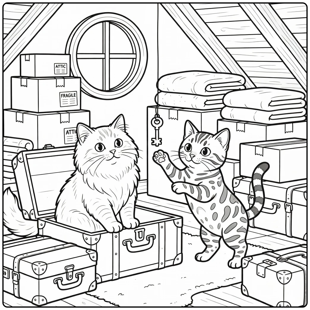 Two cats coloring pages: Norwegian Forest peeks in trunk, Bengal bats key
