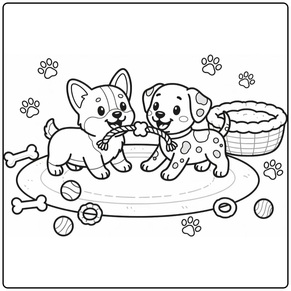 Two Puppies Coloring Page: Corgi & Dalmatian Tug-of-War