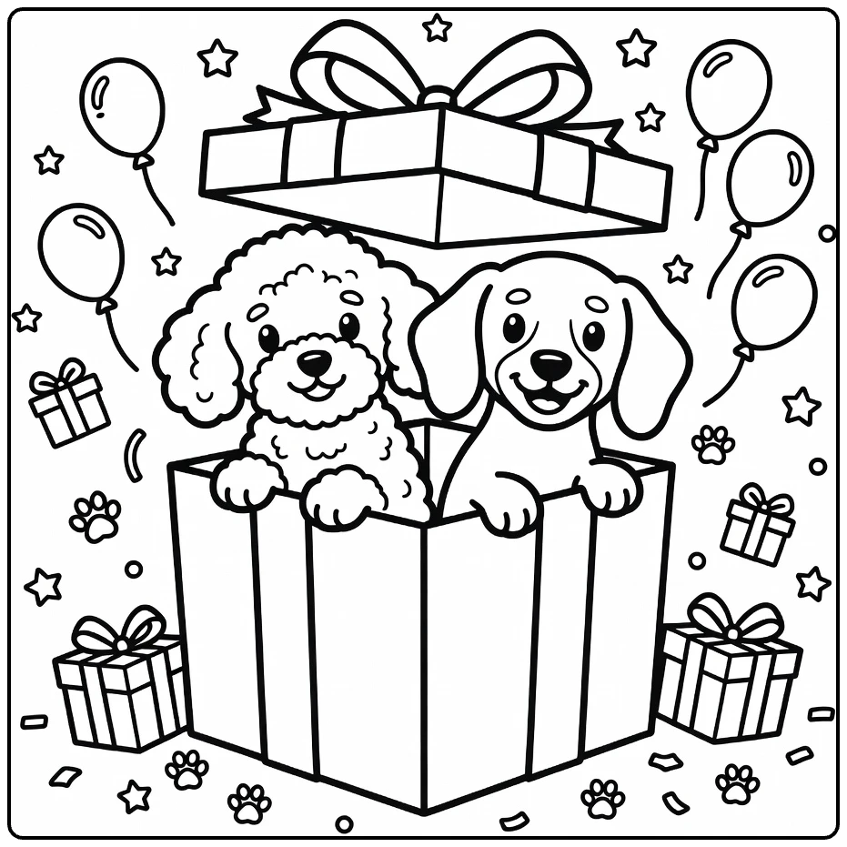 Two Puppies Coloring Page: Poodle & Dachshund Peek from Gift Box
