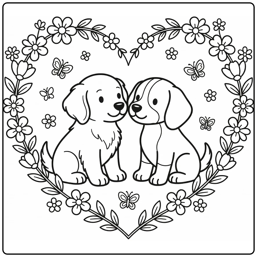 Two Puppies Coloring Page: Golden Retriever & Beagle noses touching in heart wreath