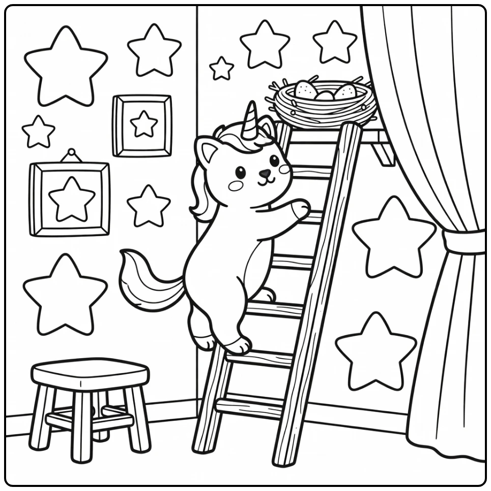 Unicorn cat peeking bird nest ladder - unicorn cat coloring pages