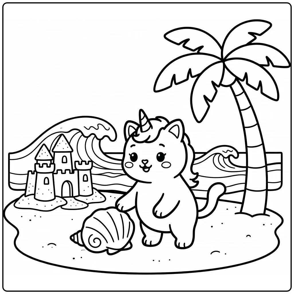 Unicorn cat coloring pages: patting seashell on beach (58 chars)