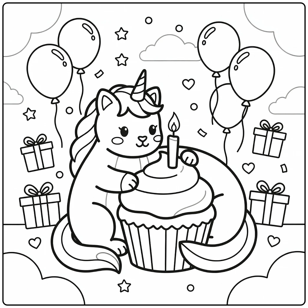 Unicorn cat coloring pages: curled cat with cupcake, balloons
