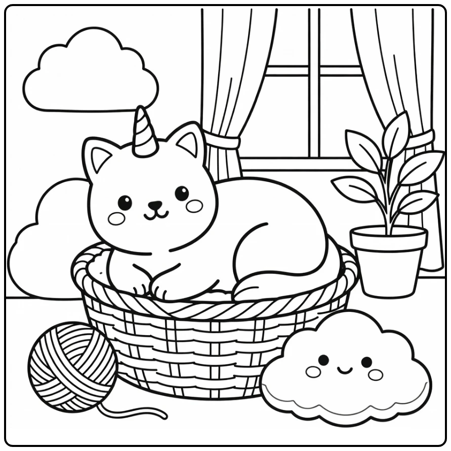 Unicorn cat coloring pages: cat in basket with yarn & cloud pillow