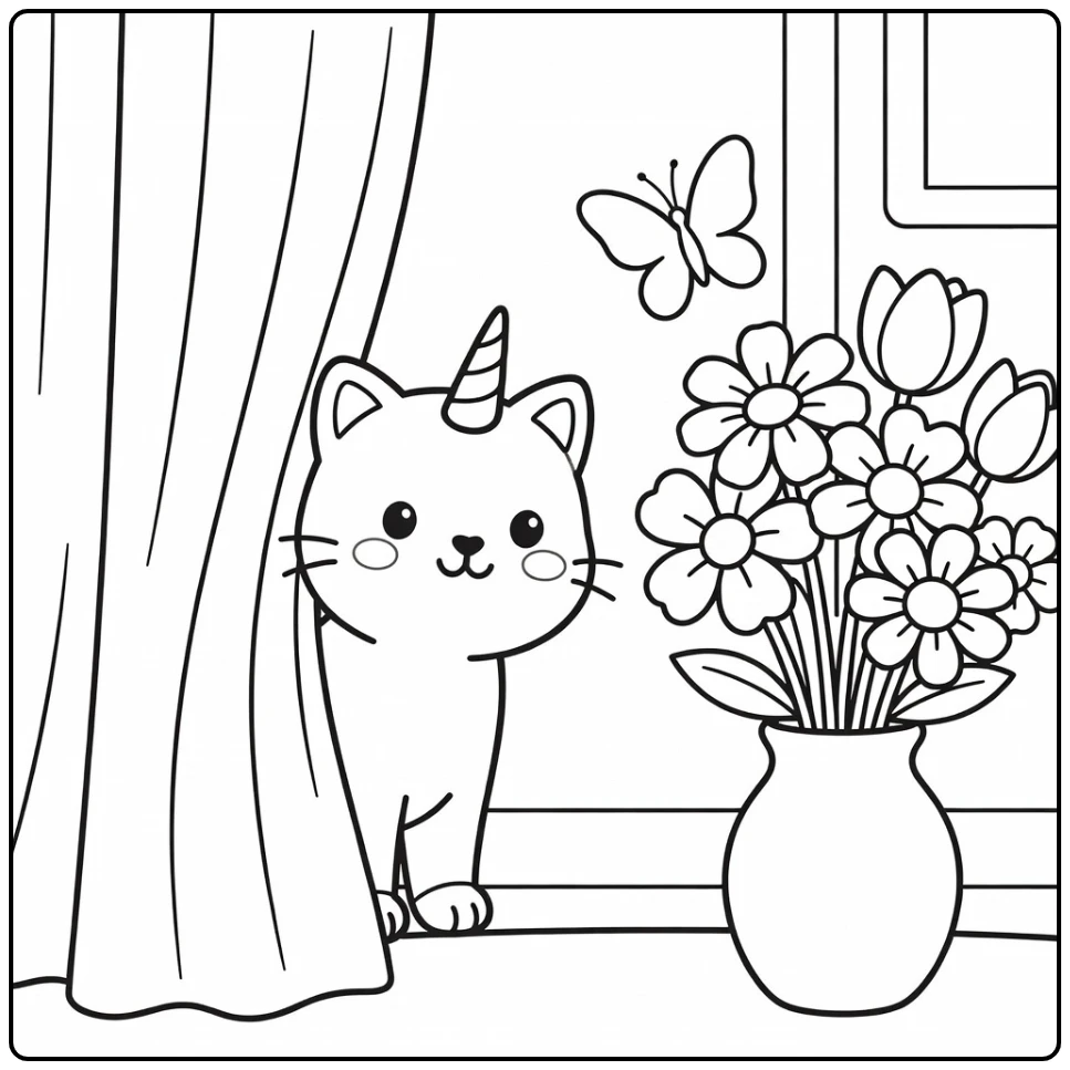 Unicorn cat coloring pages: cat peeks behind curtain, horn shows, butterfly & flowers