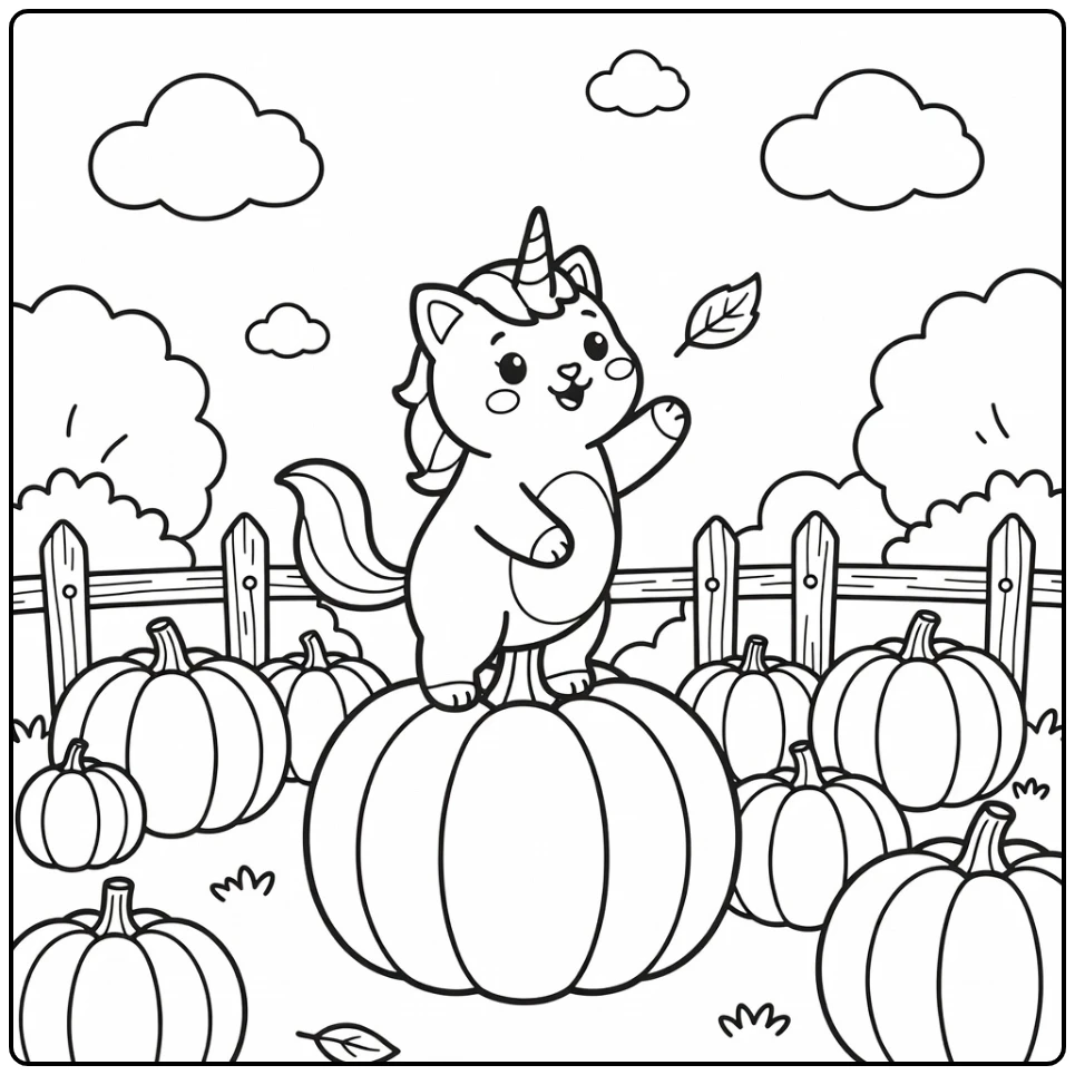 Unicorn cat coloring pages: on pumpkin reaching autumn leaf