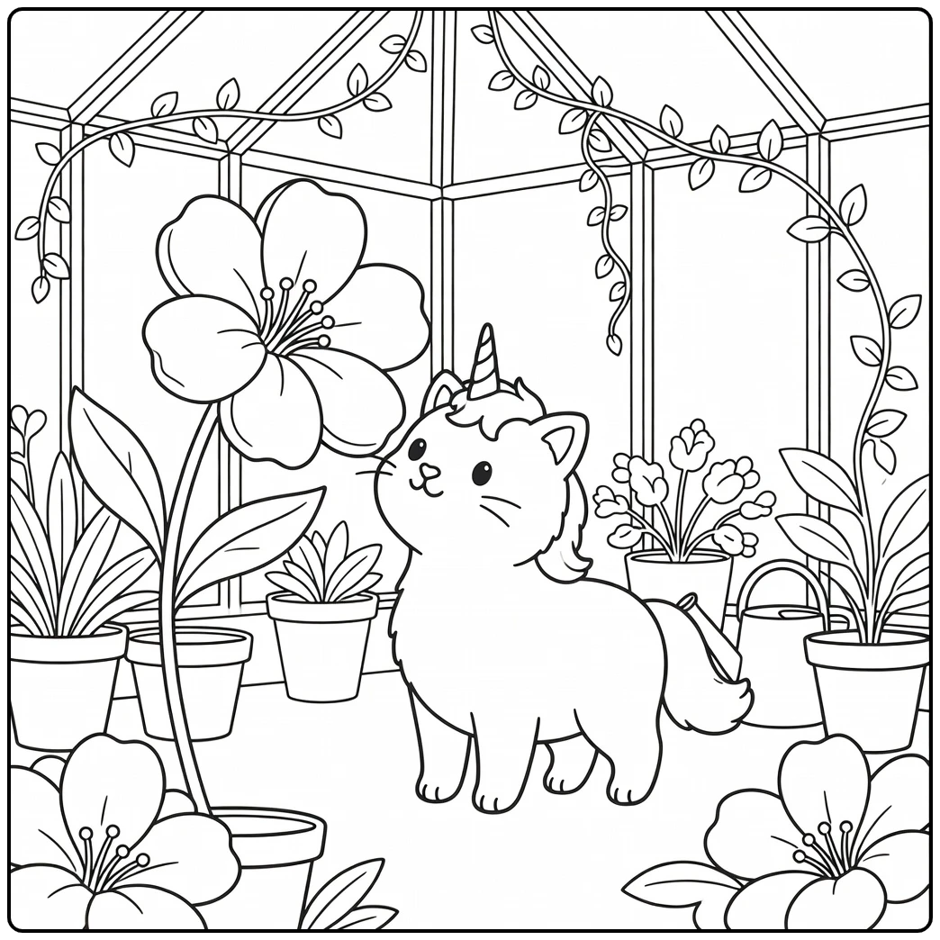 Unicorn cat coloring pages: sniffing giant blossom in greenhouse