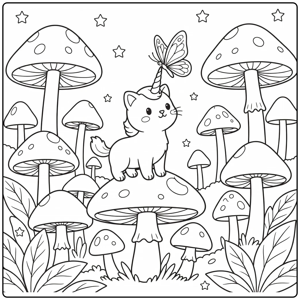 Unicorn cat coloring pages: cat on mushroom eyeing butterfly
