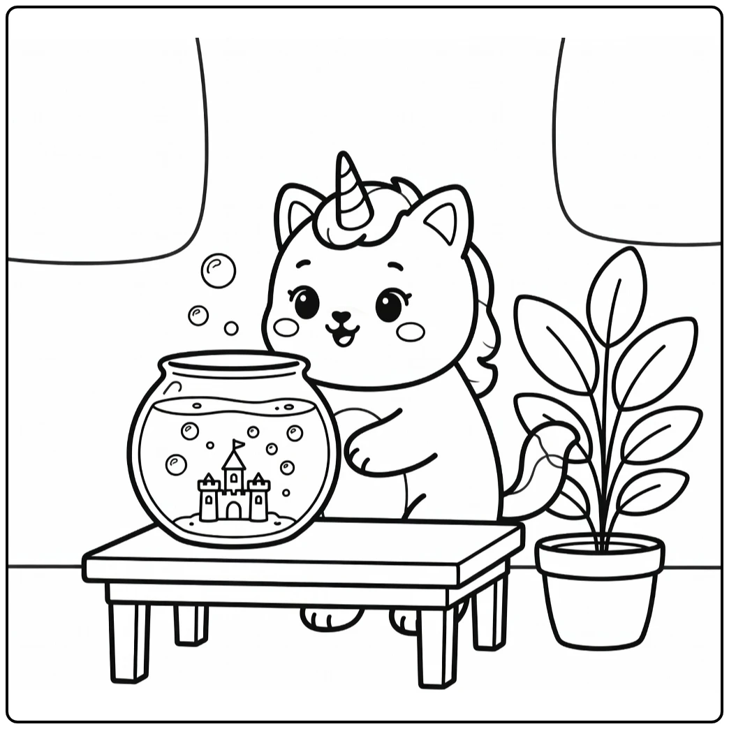 Unicorn cat coloring pages: peering into fishbowl with castle