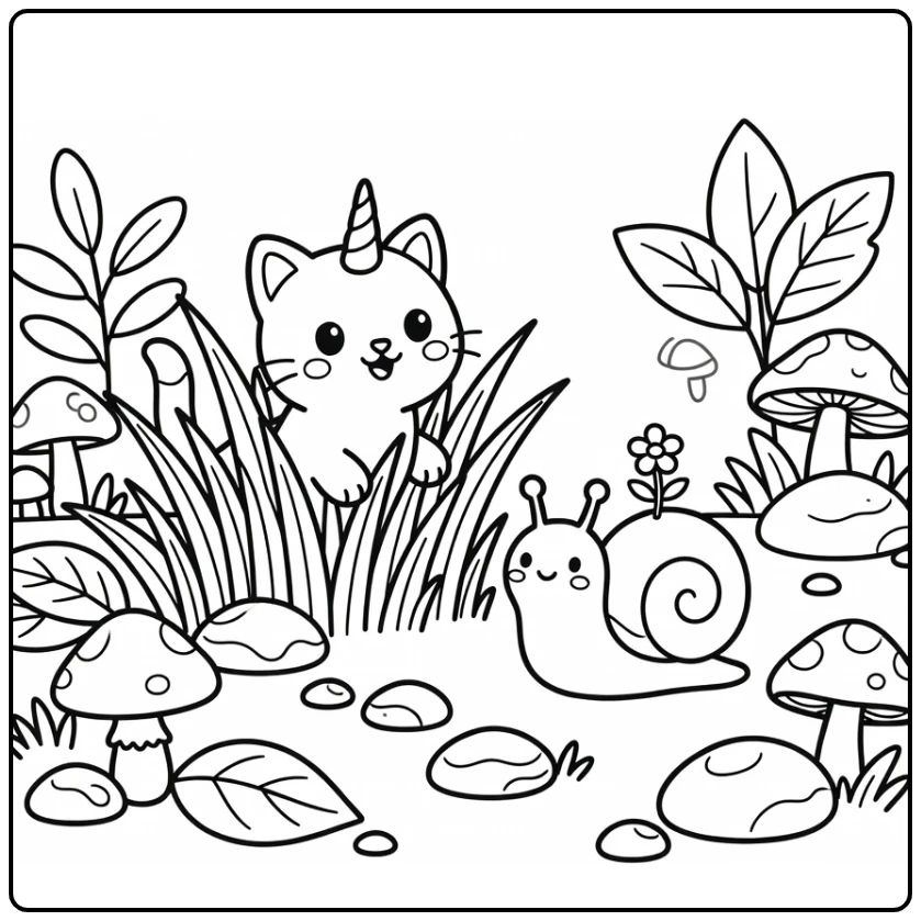 Unicorn cat coloring pages: peeking at snail with flower